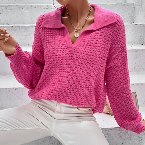 Cozy Hot Pink Knit Oversized Sweater Top - Picture 3 of 5